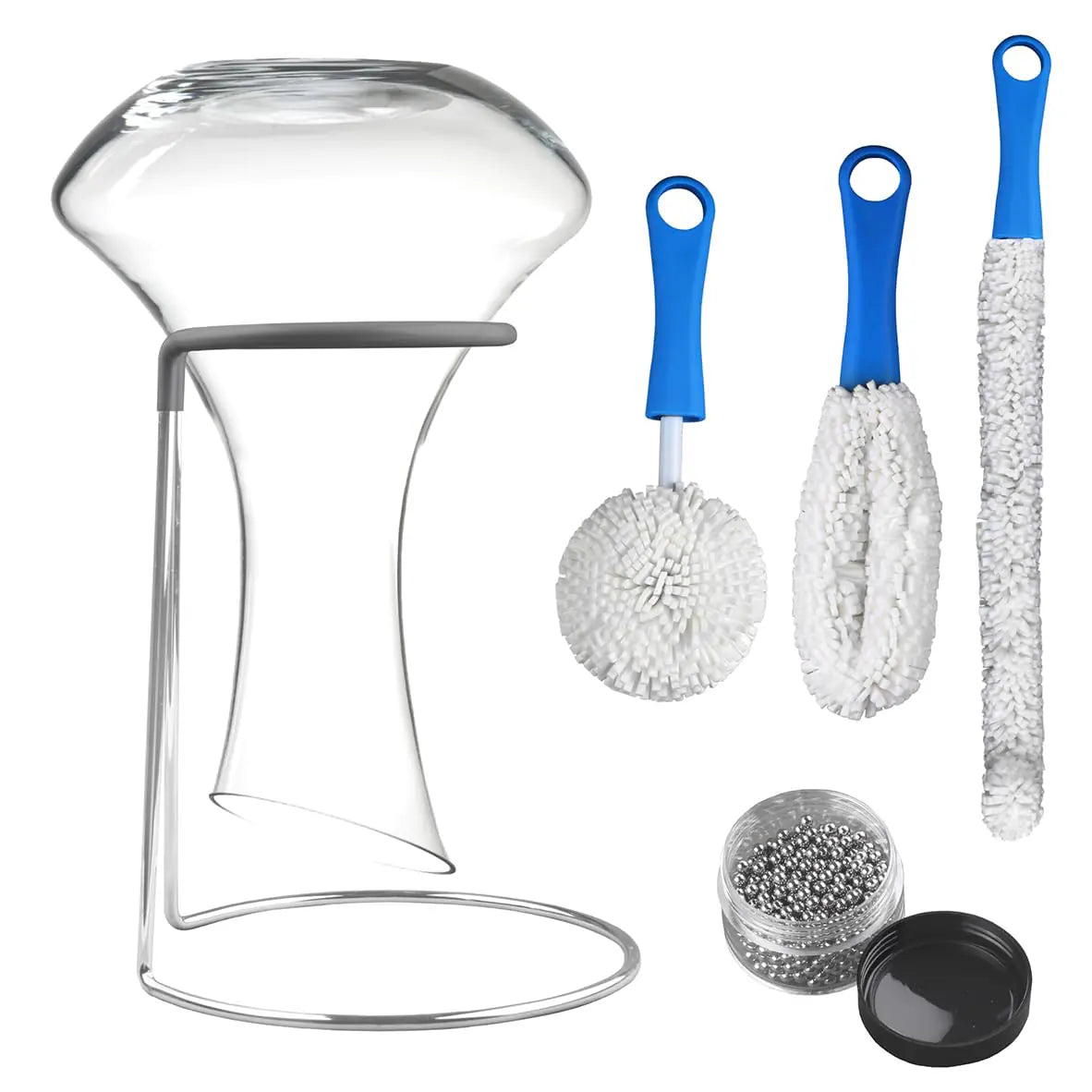Wine Decanter Drying Stand with Cleaning Brush and Decanter Cleaning BeadsWine Decanter Drying Rack with Rubber Coated Top to Prevent Scratches.Decanter Cleaner for Standard Large Wine Decanters.
