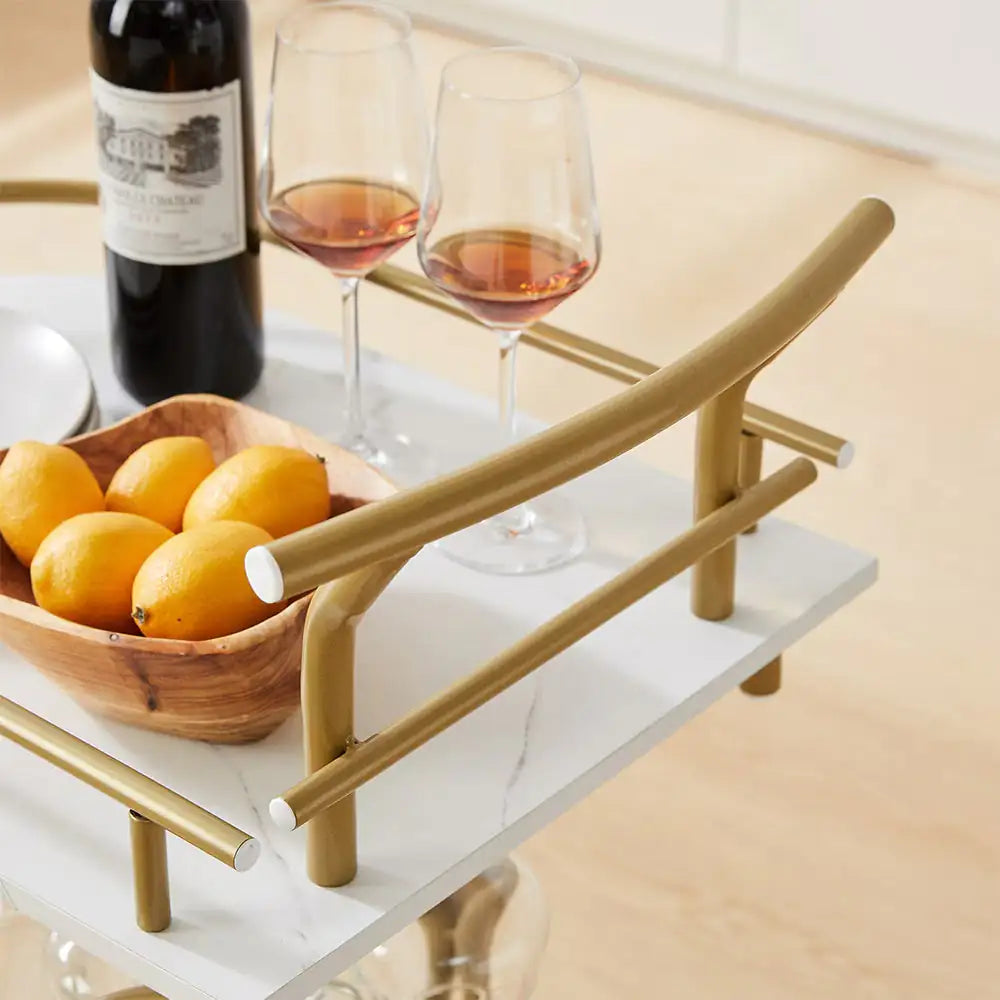 2-Tier Bar Cart,Gold Wine Cart With Wine Rack & Glass Holder,Mobile Bar Serving Cart,for Party,Home,Rolling Drink Trolley For Living Room