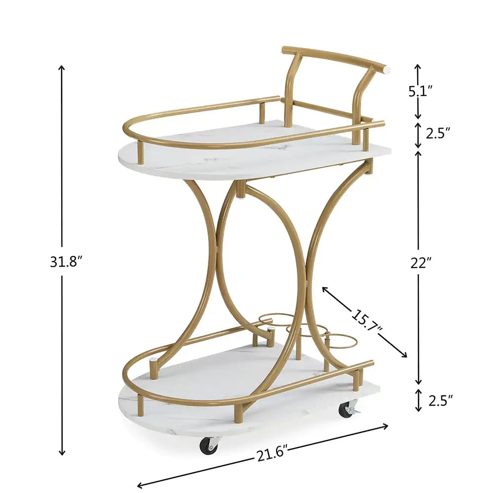 2-Tier Bar Cart,Gold Wine Cart With Wine Rack & Glass Holder,Mobile Bar Serving Cart,for Party,Home,Rolling Drink Trolley For Living Room