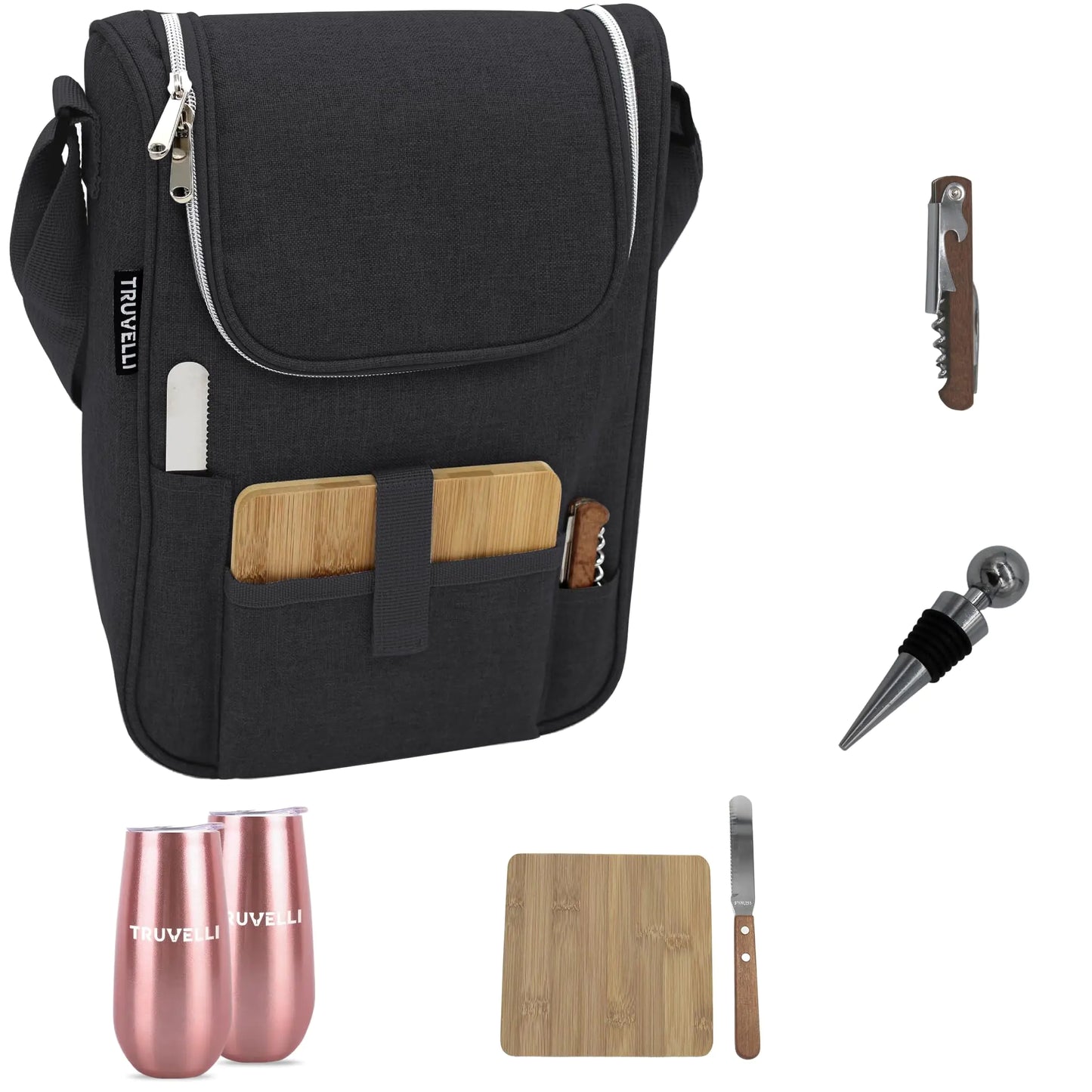 Truvelli Premium Wine Bag 7-in-1 Insulated 2 Bottle Wine Carrier Tote Wine and Cheese Cooler Bag Great Gifts for Wine Lovers (Black)